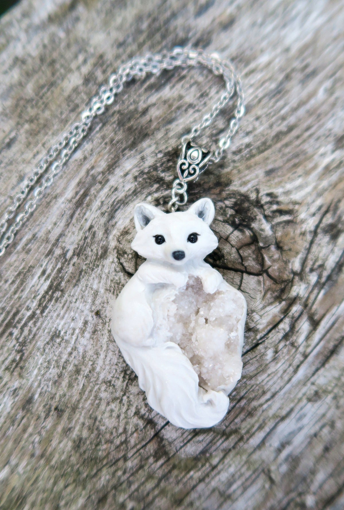 Arctic Fox & White Agate Druzy Pendant Necklace Hand Sculpted Clay & Crystal Furever Clay Jewelry
