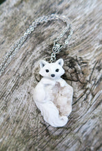 Load image into Gallery viewer, Arctic Fox &amp; White Agate Druzy Pendant Necklace Hand Sculpted Clay &amp; Crystal Furever Clay Jewelry