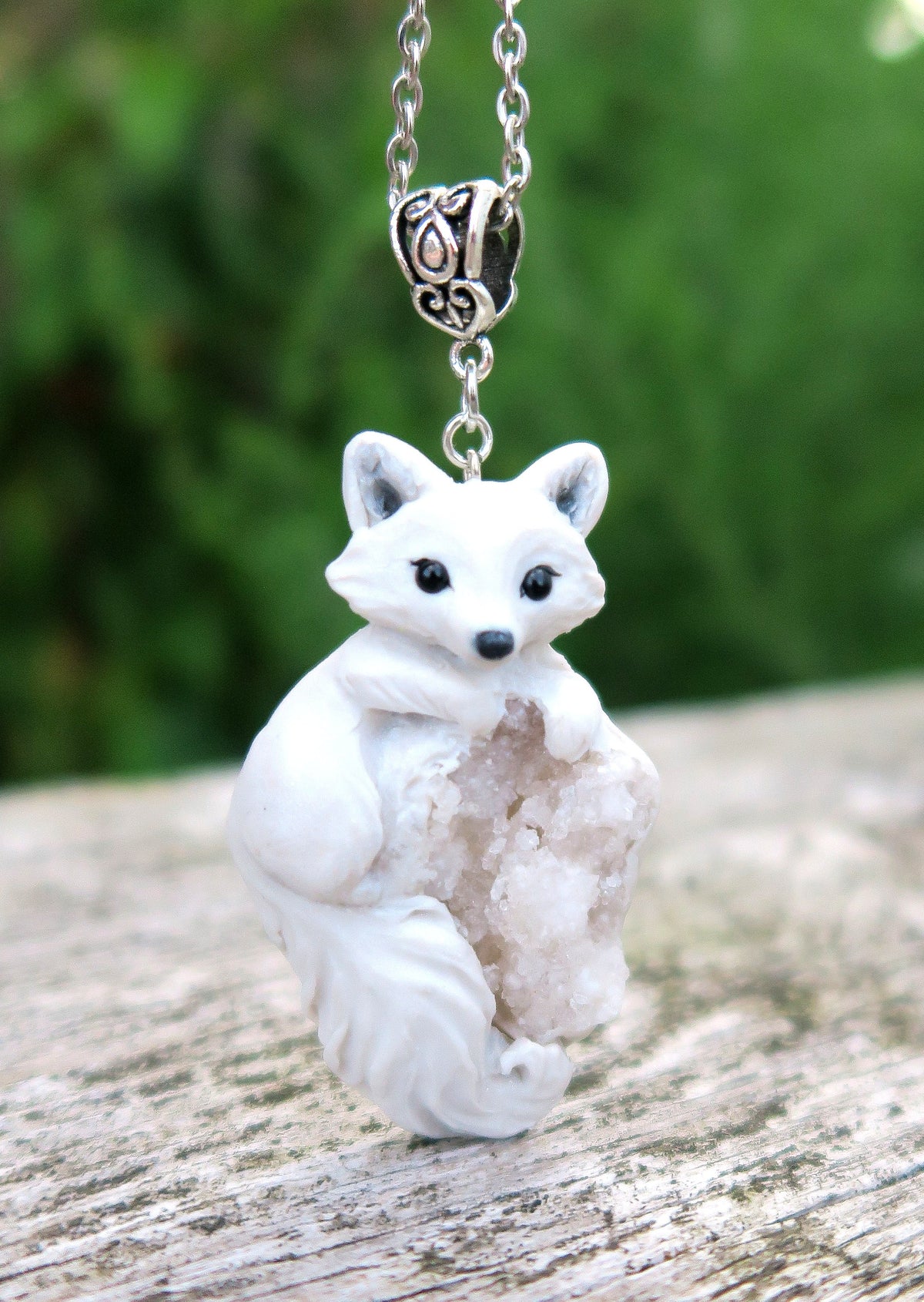 Arctic Fox & White Agate Druzy Pendant Necklace Hand Sculpted Clay & Crystal Furever Clay Jewelry