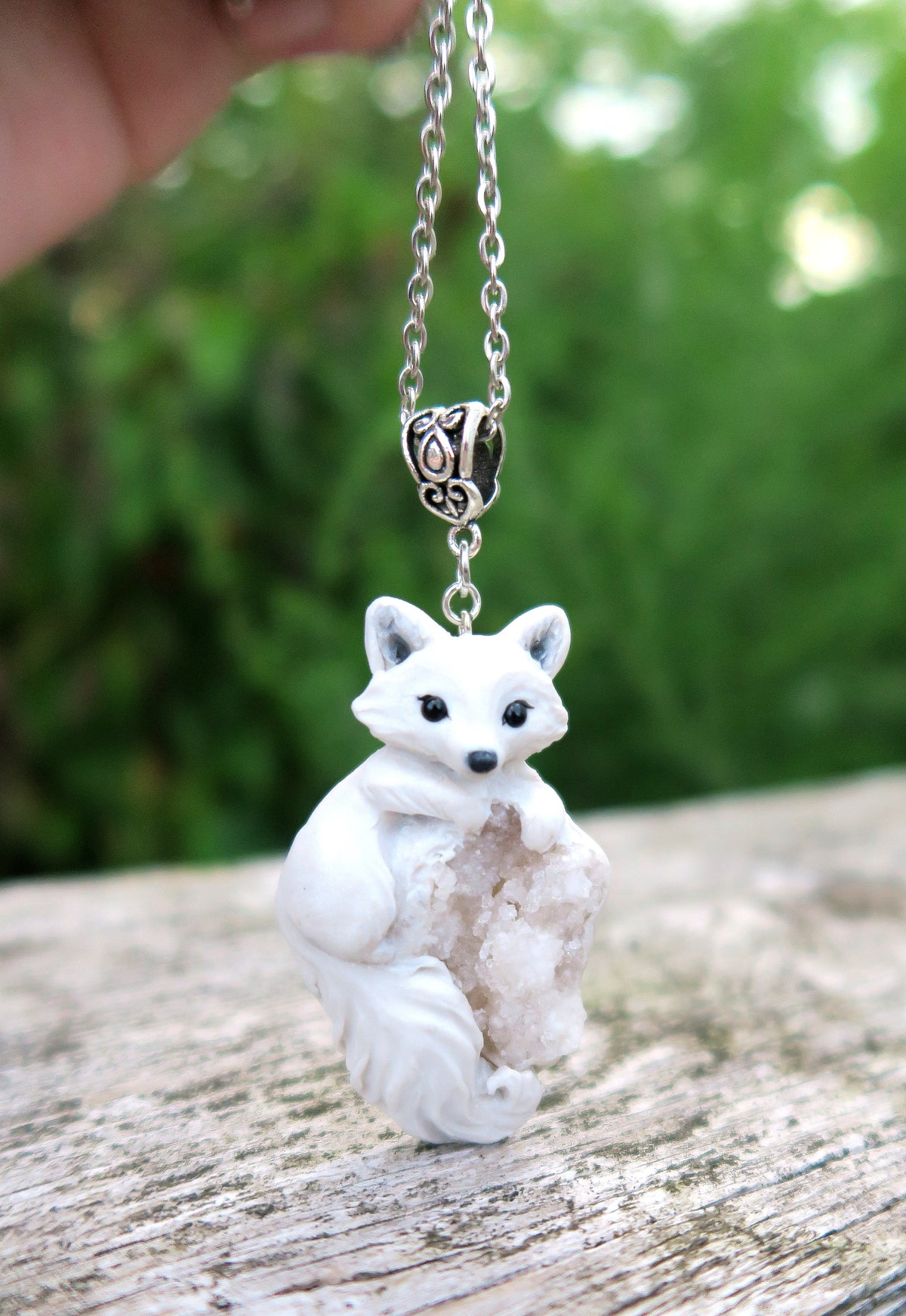 Arctic Fox & White Agate Druzy Pendant Necklace Hand Sculpted Clay & Crystal Furever Clay Jewelry