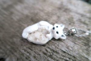 Arctic Fox & White Agate Druzy Pendant Necklace Hand Sculpted Clay & Crystal Furever Clay Jewelry