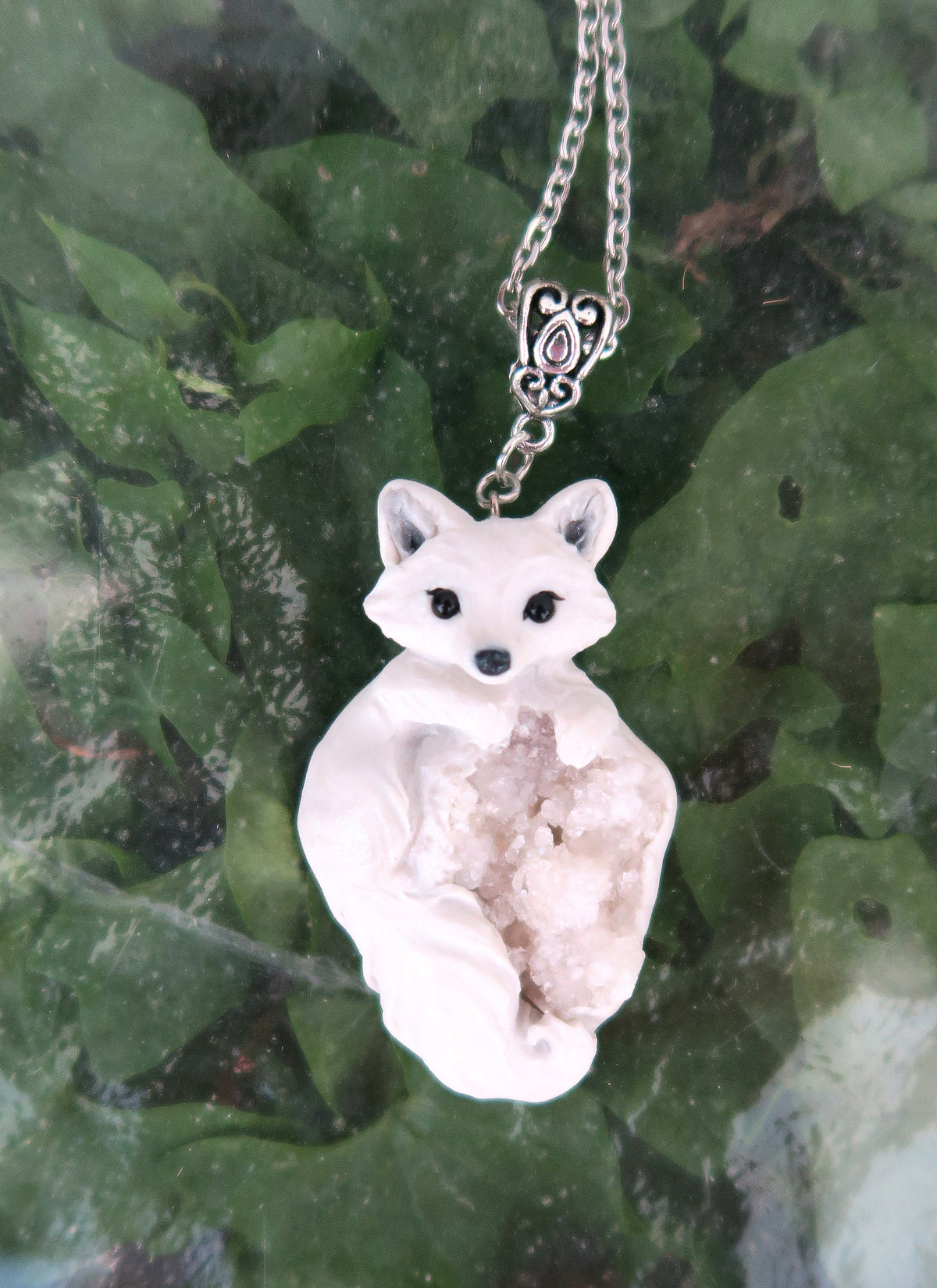 Arctic Fox & White Agate Druzy Pendant Necklace Hand Sculpted Clay & Crystal Furever Clay Jewelry