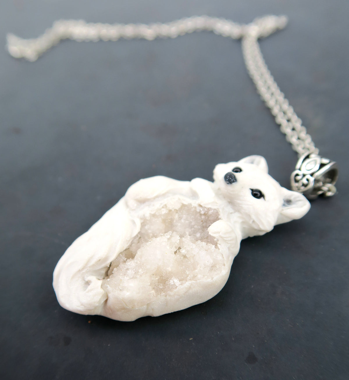 Arctic Fox & White Agate Druzy Pendant Necklace Hand Sculpted Clay & Crystal Furever Clay Jewelry