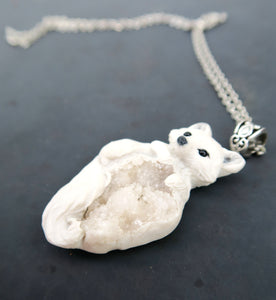 Arctic Fox & White Agate Druzy Pendant Necklace Hand Sculpted Clay & Crystal Furever Clay Jewelry