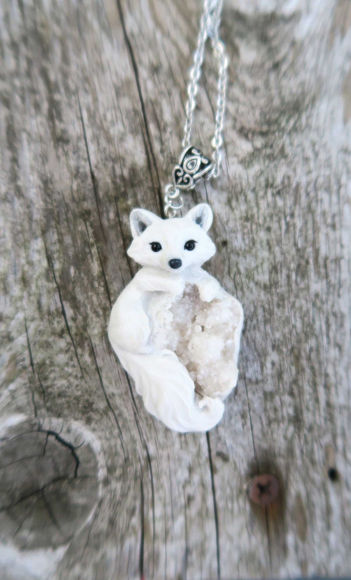 Arctic Fox & White Agate Druzy Pendant Necklace Hand Sculpted Clay & Crystal Furever Clay Jewelry