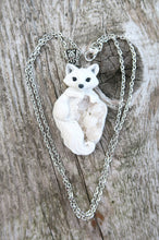 Load image into Gallery viewer, Arctic Fox &amp; White Agate Druzy Pendant Necklace Hand Sculpted Clay &amp; Crystal Furever Clay Jewelry