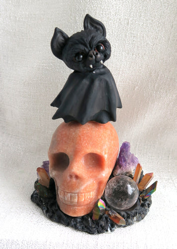 Cheeky Bat & Calcite Skull Sphere Holder Hand Scuplted Clay Collectible Sphere Stand