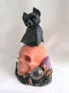Cheeky Bat & Calcite Skull Sphere Holder Hand Scuplted Clay Collectible Sphere Stand