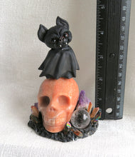 Load image into Gallery viewer, Cheeky Bat &amp; Calcite Skull Sphere Holder Hand Scuplted Clay Collectible Sphere Stand