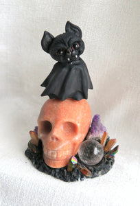 Cheeky Bat & Calcite Skull Sphere Holder Hand Scuplted Clay Collectible Sphere Stand