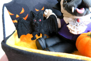 Halloween Vampire Pug with Pumpkin and Bat in Cutest Coffin Hand Sculpted Collectible