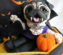 Load image into Gallery viewer, Halloween Vampire Pug with Pumpkin and Bat in Cutest Coffin Hand Sculpted Collectible