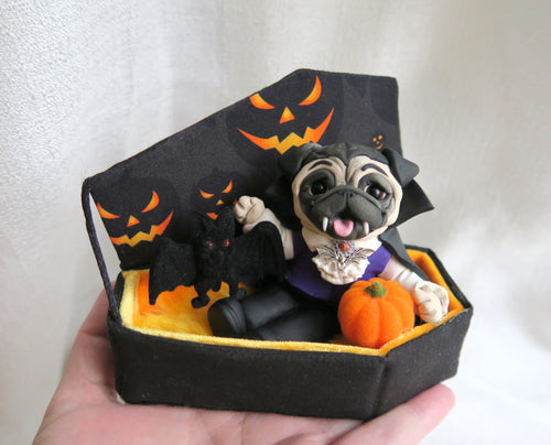Halloween Vampire Pug with Pumpkin and Bat in Cutest Coffin Hand Sculpted Collectible