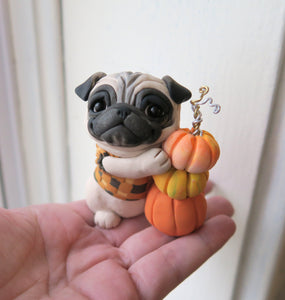 Autumn Pug with Pumpkins Hand Sculpted Collectible