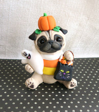 Load image into Gallery viewer, Halloween Pug in Candy Corn Costume Hand Sculpted Collectible