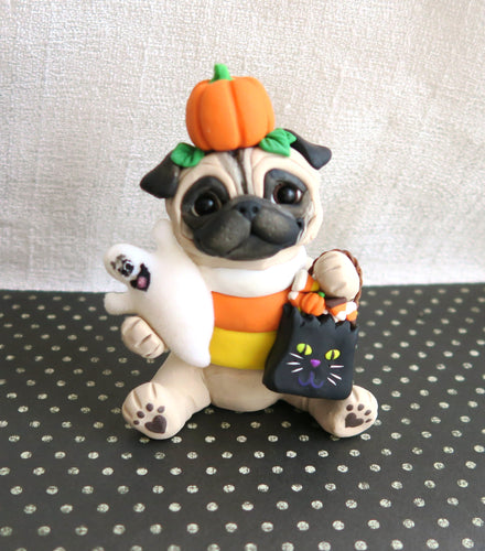 Halloween Pug in Candy Corn Costume Hand Sculpted Collectible