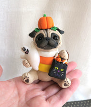 Load image into Gallery viewer, Halloween Pug in Candy Corn Costume Hand Sculpted Collectible