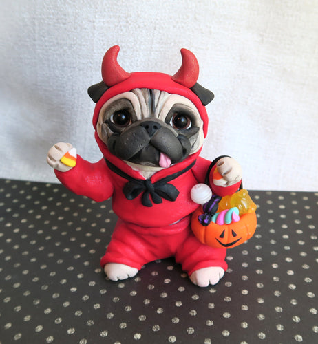 Halloween Pug in Lil' Devil Costume Hand Sculpted Collectible