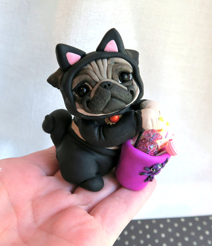 Halloween Pug in Black Cat Costume Hand Sculpted Collectible