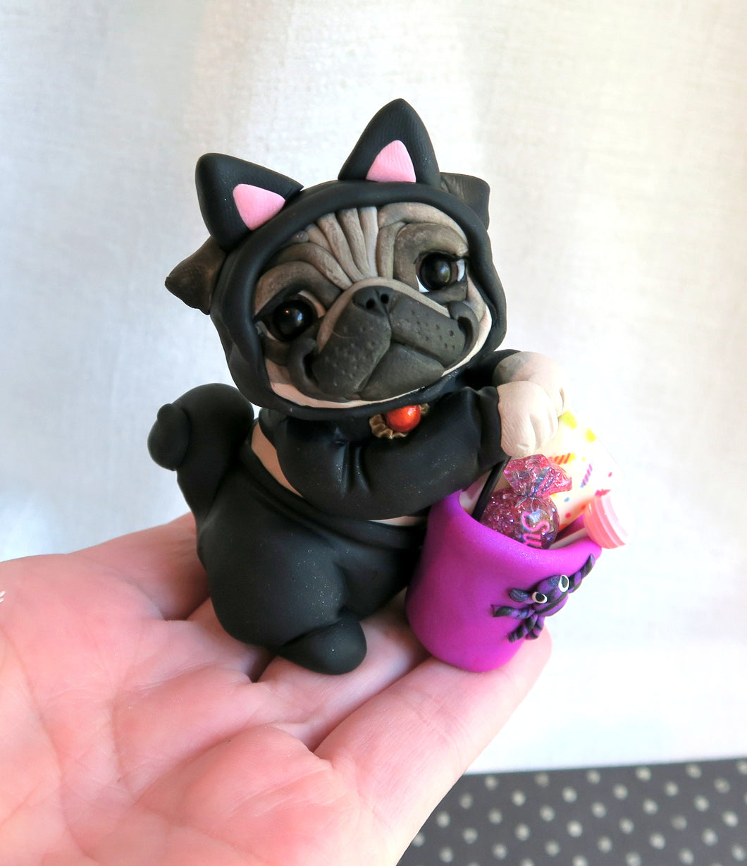 Halloween Pug in Black Cat Costume Hand Sculpted Collectible