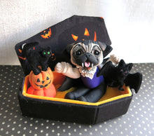 Load image into Gallery viewer, Halloween Vampire Pug with Pumpkins, Cat and Bat in Cutest Coffin Hand Sculpted Collectible