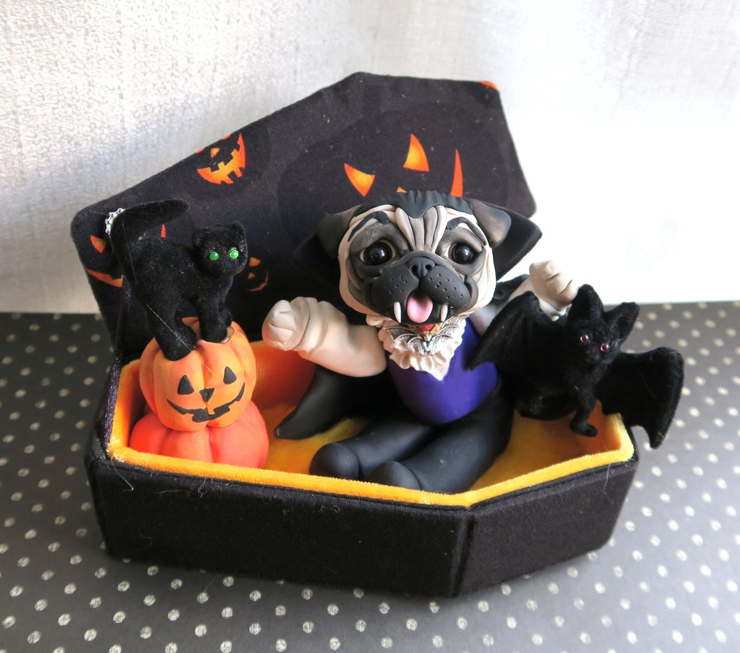 Halloween Vampire Pug with Pumpkins, Cat and Bat in Cutest Coffin Hand Sculpted Collectible