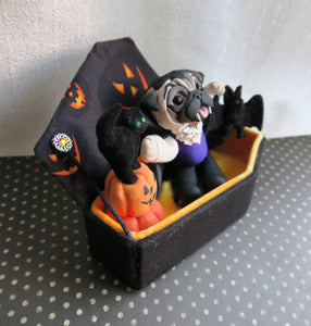 Halloween Vampire Pug with Pumpkins, Cat and Bat in Cutest Coffin Hand Sculpted Collectible