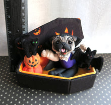 Load image into Gallery viewer, Halloween Vampire Pug with Pumpkins, Cat and Bat in Cutest Coffin Hand Sculpted Collectible