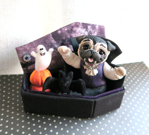 *RESERVED FOR BETHANY* Halloween Vampire Pug with Pumpkins, Ghost and Bat in Cutest Coffin Hand Sculpted Collectible