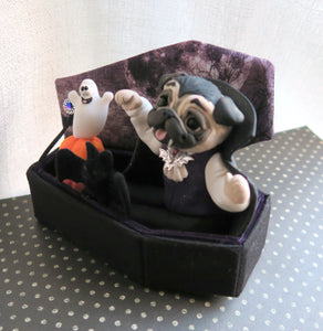 *RESERVED FOR BETHANY* Halloween Vampire Pug with Pumpkins, Ghost and Bat in Cutest Coffin Hand Sculpted Collectible
