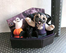 Load image into Gallery viewer, *RESERVED FOR BETHANY* Halloween Vampire Pug with Pumpkins, Ghost and Bat in Cutest Coffin Hand Sculpted Collectible