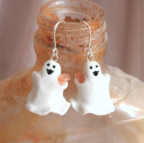 Halloween Ghost Earrings Hand Sculpted Clay & Crystals on Sterling Silver Hooks