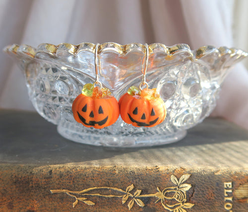Halloween Pumpkin Earrings Hand Sculpted Clay & Crystals on Sterling Silver Hooks