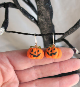 Halloween Pumpkin Earrings Hand Sculpted Clay & Crystals on Sterling Silver Hooks