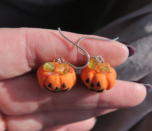 Halloween Pumpkin Earrings Hand Sculpted Clay & Crystals on Sterling Silver Hooks