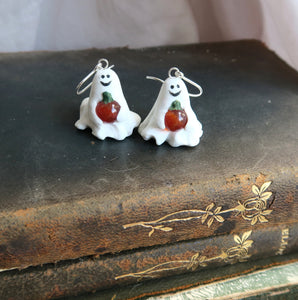 Halloween Ghost Earrings Hand Sculpted Clay & Crystals on Sterling Silver Hooks