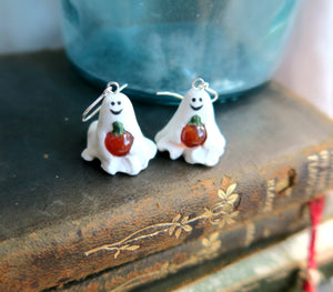 Halloween Ghost Earrings Hand Sculpted Clay & Crystals on Sterling Silver Hooks