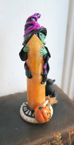 Witch hugging Calcite Tower with Cat & Pumkin Hand Scuplted Clay & Crystal Collectible