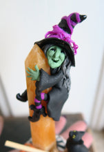 Load image into Gallery viewer, Witch hugging Calcite Tower with Cat &amp; Pumkin Hand Scuplted Clay &amp; Crystal Collectible