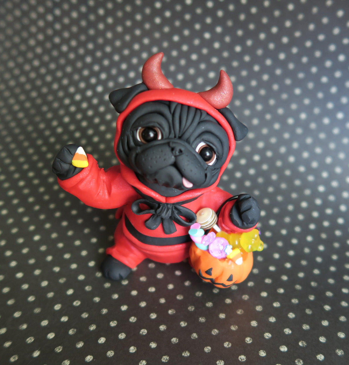 *RESERVED FOR ROSE* lil Devil Pug Halloween Cutie Hand Sculpted Collectible