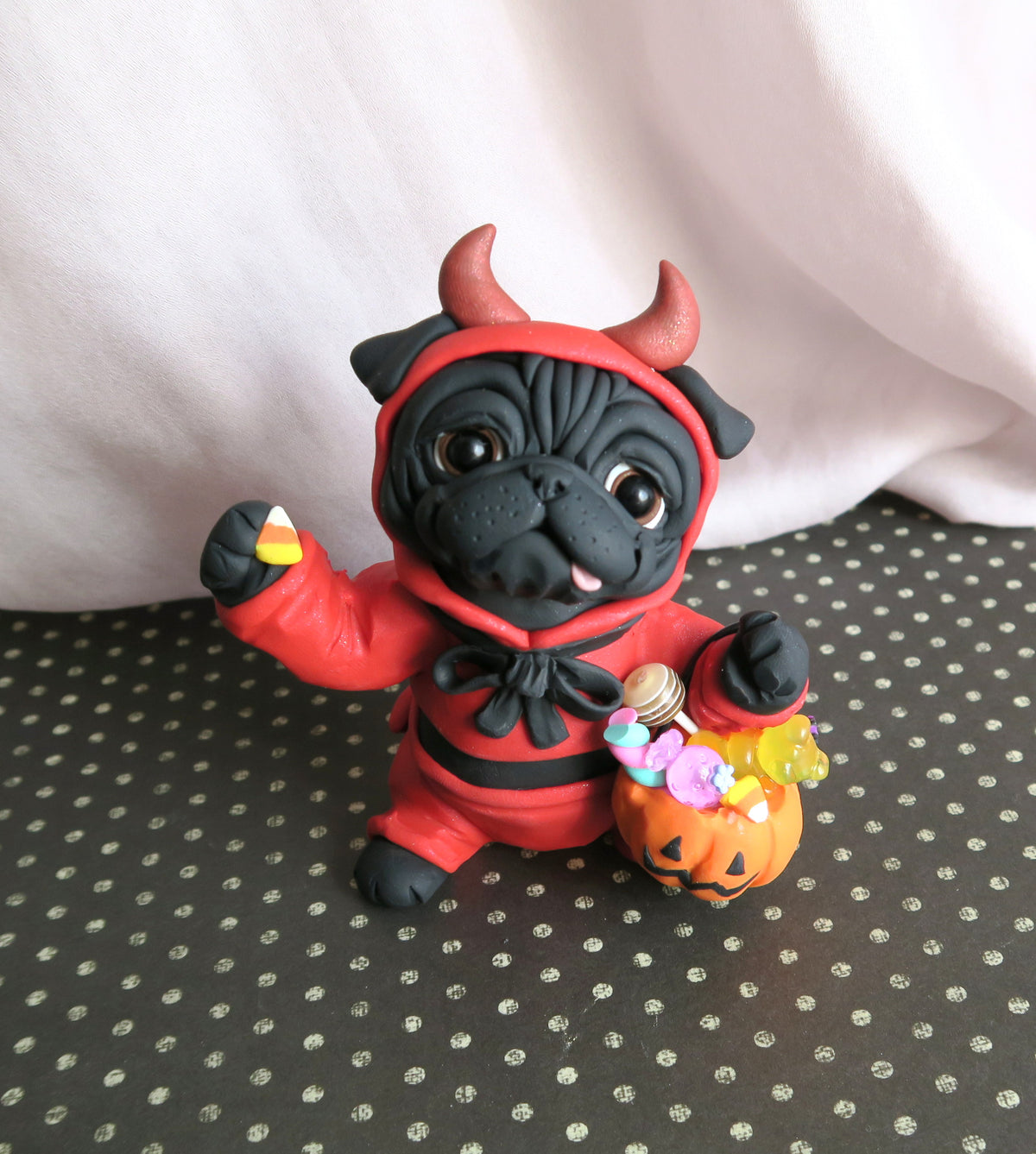 *RESERVED FOR ROSE* lil Devil Pug Halloween Cutie Hand Sculpted Collectible