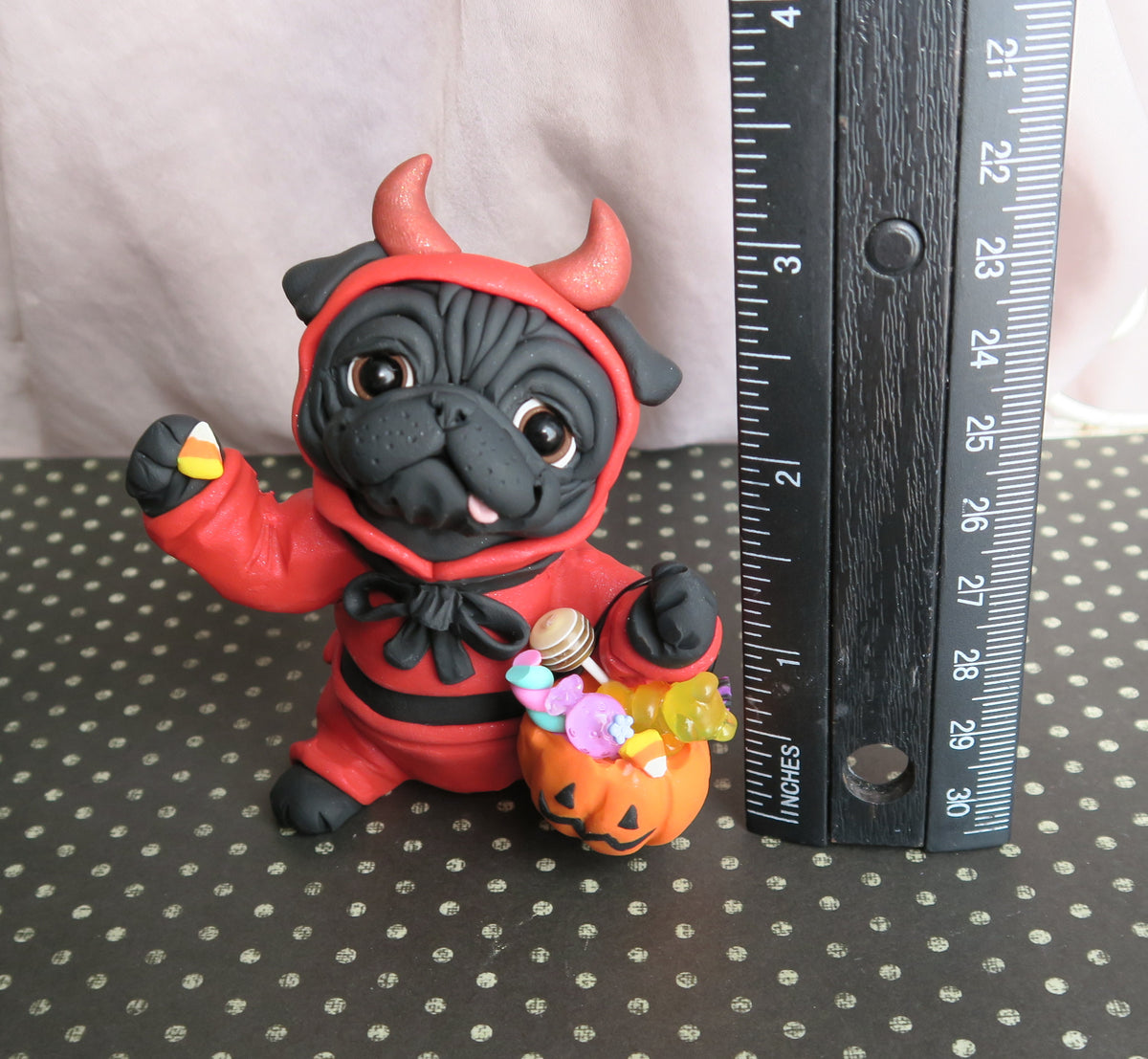 *RESERVED FOR ROSE* lil Devil Pug Halloween Cutie Hand Sculpted Collectible