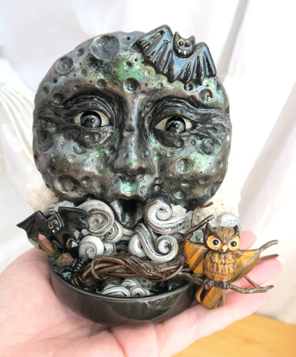Halloween Night Moon Backflow Incense Burner Hand sculpted Clay & Crystal Collectible Decor