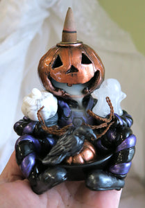 Jack-o-lantern Man Halloween Backflow Incense Burner Hand sculpted Clay & Crystal Collectible Decor