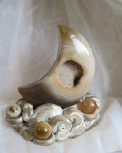 Druzy Agate Moon with Sculpted Custom Cloud Sphere holder Base Clay & Crystal Collectible