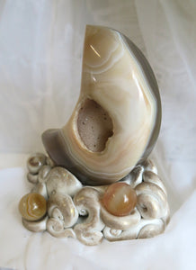 Druzy Agate Moon with Sculpted Custom Cloud Sphere holder Base Clay & Crystal Collectible