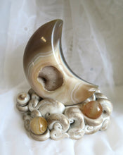 Load image into Gallery viewer, Druzy Agate Moon with Sculpted Custom Cloud Sphere holder Base Clay &amp; Crystal Collectible