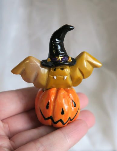 Mookaite Bat Carving with Hand sculpted Witch Hat Hand Sculpted Clay & Crystal Collectible