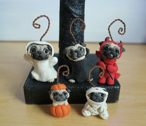 Fawn PUG Halloween Tabletop Lighted Tree with Hand Sculpted Collectible Ornaments and Handmade Garland
