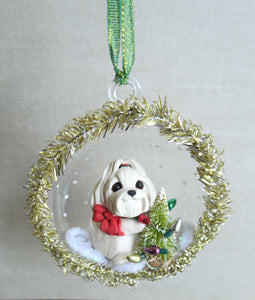 Maltese Havanese or other White dog Decorating the tree Christmas ornament Hand Sculpted Collectible